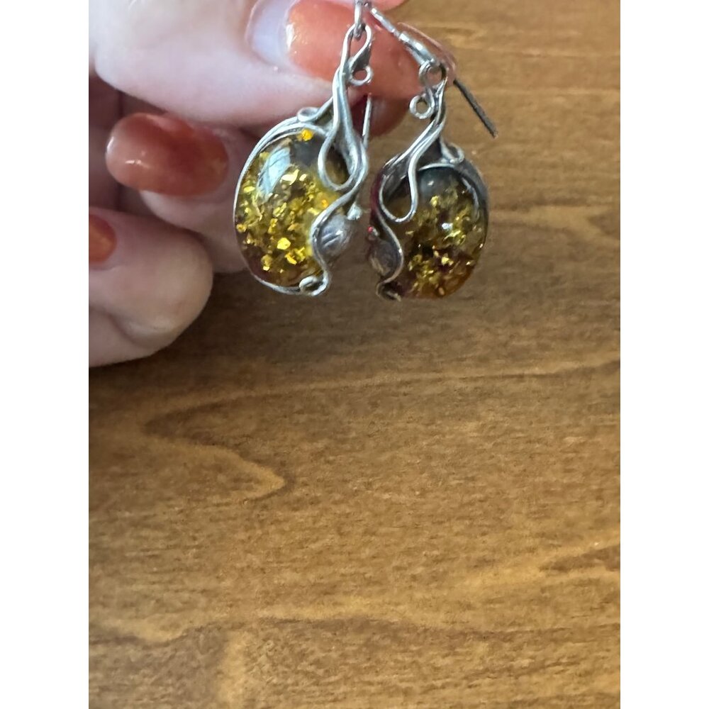 Elegant Vintage Amber & Sterling Silver Earrings Dangle Hook - Picture 3 of 5